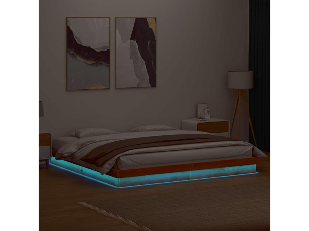 Brown LED bed frame 180x200 solid pine wood