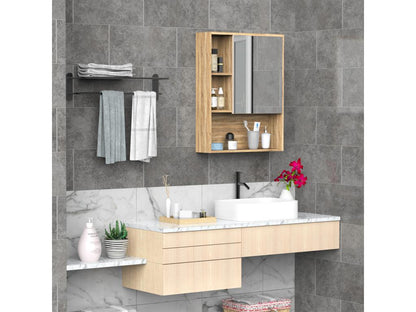 Bathroom wall-mounted storage cabinet with mirrored door, oak wood color, dimensions: 60cm (L) x 15cm (W) x 76cm (H)