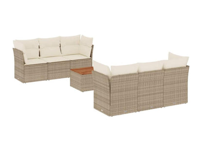 7-piece garden furniture set with cushions, beige woven resin