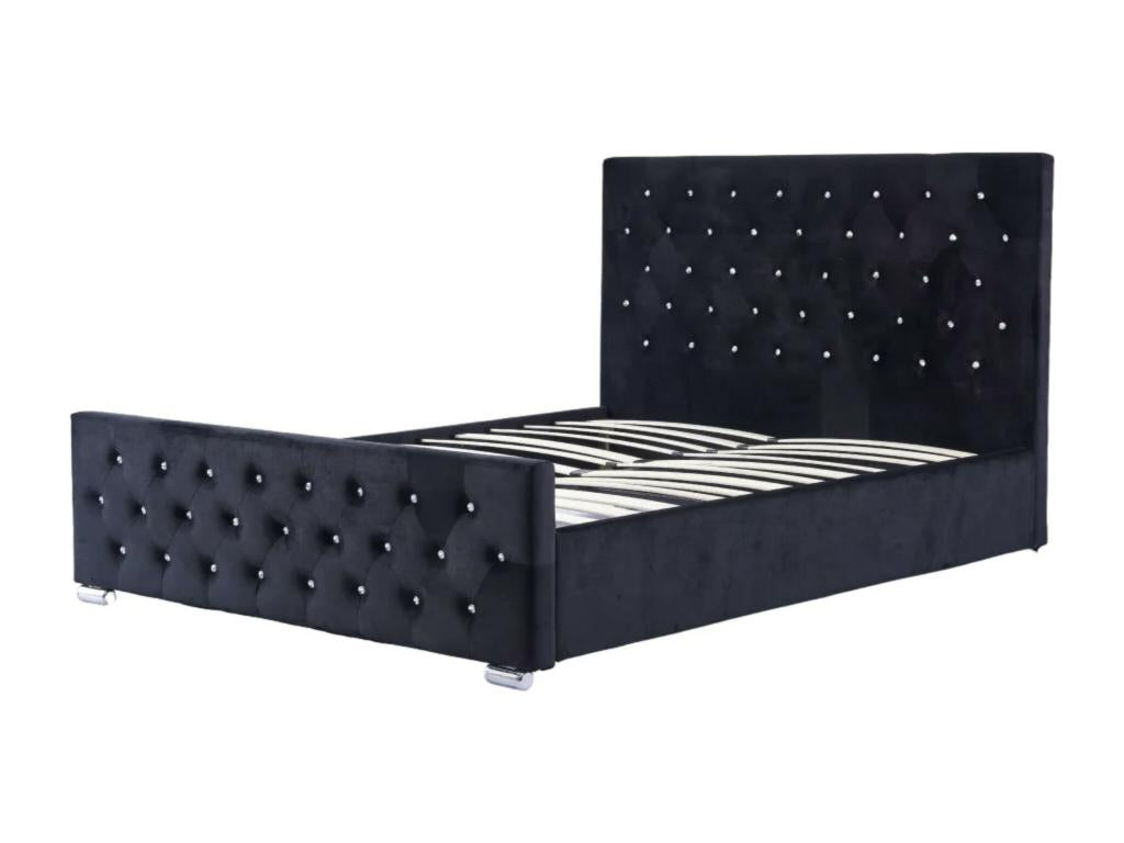 Velvet upholstered bed with inlaid sparkling buttons, Meublori - Grey - 140x190