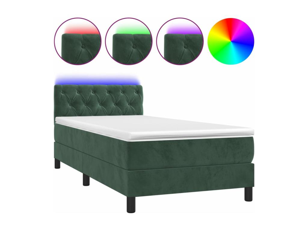 Upholstered bed base and mattress with LED lighting, dark green, 80x200cm, velvet