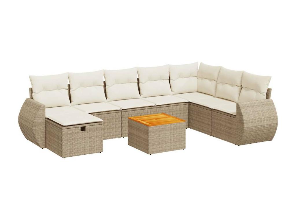 9-piece garden furniture set with cushions, beige woven resin TXTO05481