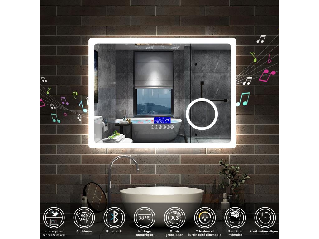 Meublori 80cm White Bathroom Vanity Unit with Single Basin and Dimmable LED Mirror with 3 Colors, Bluetooth, and 3X Magnification