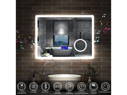 Meublori 80cm White Bathroom Vanity Unit with Single Basin and Dimmable LED Mirror with 3 Colors, Bluetooth, and 3X Magnification