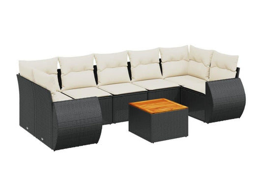 8-piece garden furniture set with cushions, black woven resin