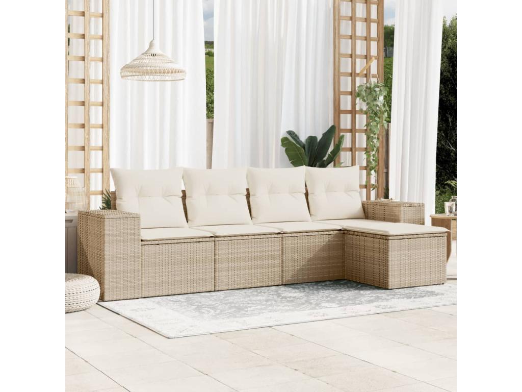 5-piece garden furniture set with cushions, beige woven resin