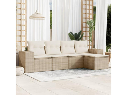 5-piece garden furniture set with cushions, beige woven resin