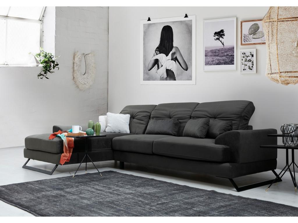 Left-hand corner sofa in anthracite velvet with adjustable headrests and black metal legs, Meublori 308cm
