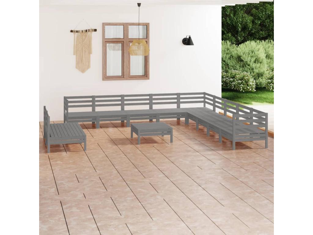 12-piece garden furniture set, solid pine wood, grey, PXUU49508