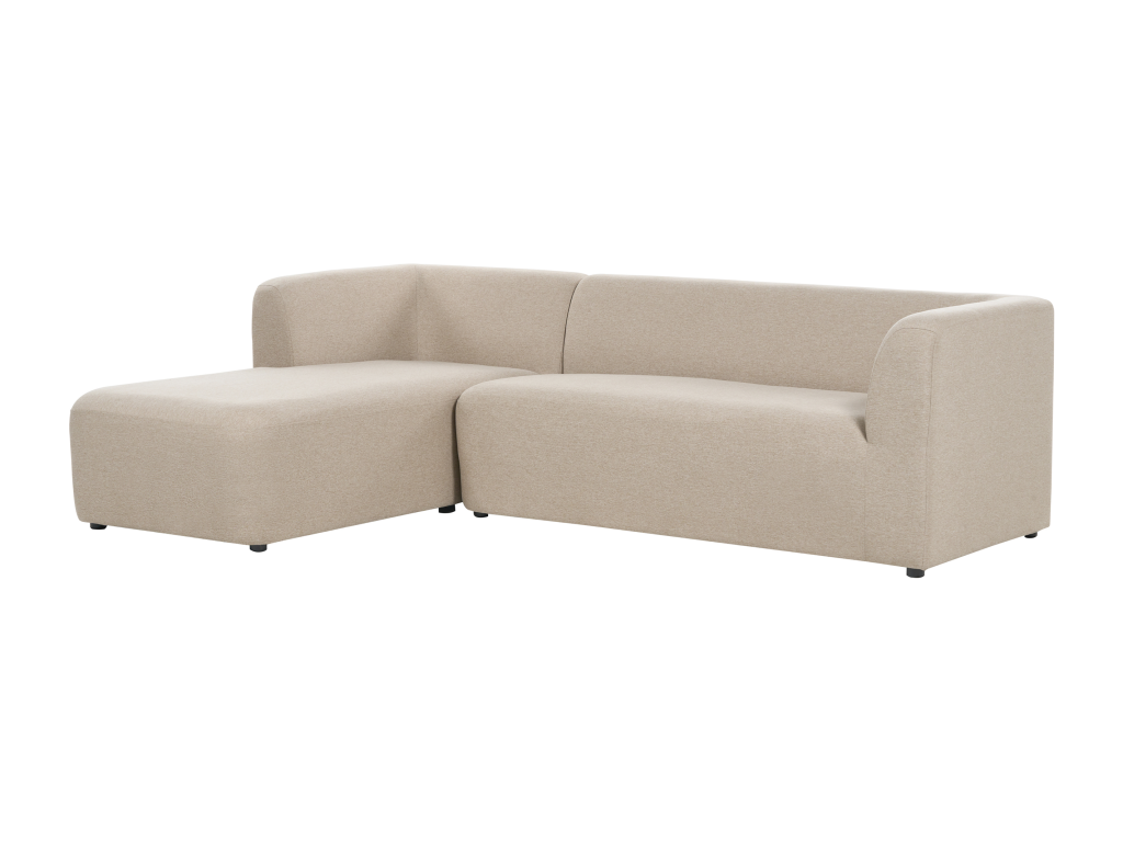 Left-hand corner sofa, 4-seater sofa in beige fabric and plywood, wide seating surface.