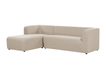 Left-hand corner sofa, 4-seater sofa in beige fabric and plywood, wide seating surface.