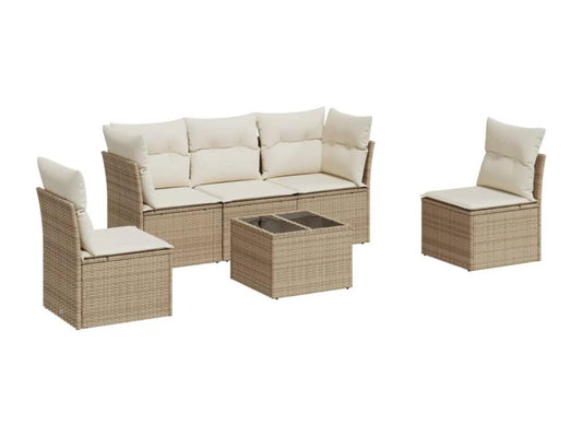 6-piece garden furniture set with cushions, beige woven resin
