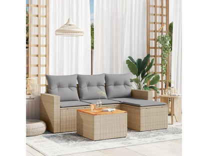 5-piece garden furniture set with cushions, beige woven resin
