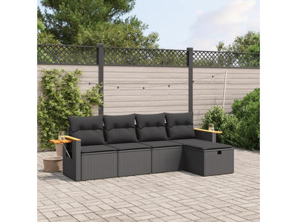5-piece garden furniture set with cushions, black woven resin