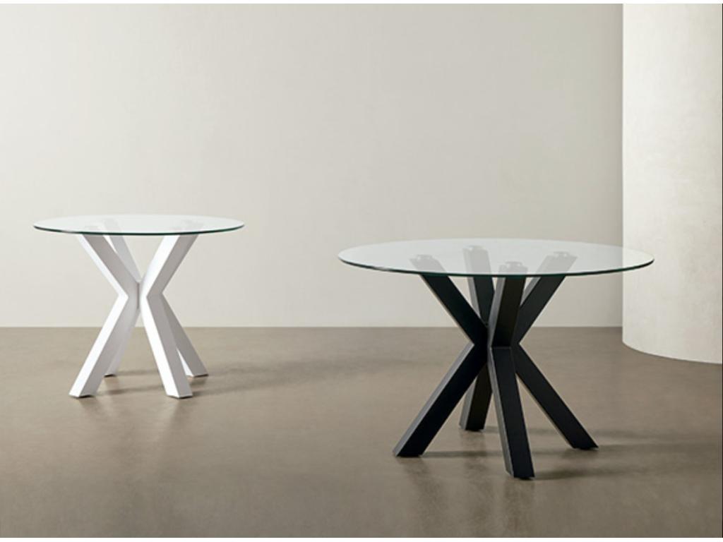 Meublori Modern Round Table – Glass Top and Crossed Metal Legs – Black – Diameter 120 cm