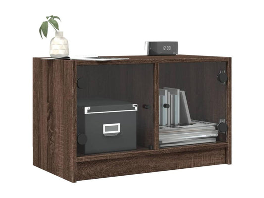 TV stand with glass doors in brown oak, 68x37x42 cm