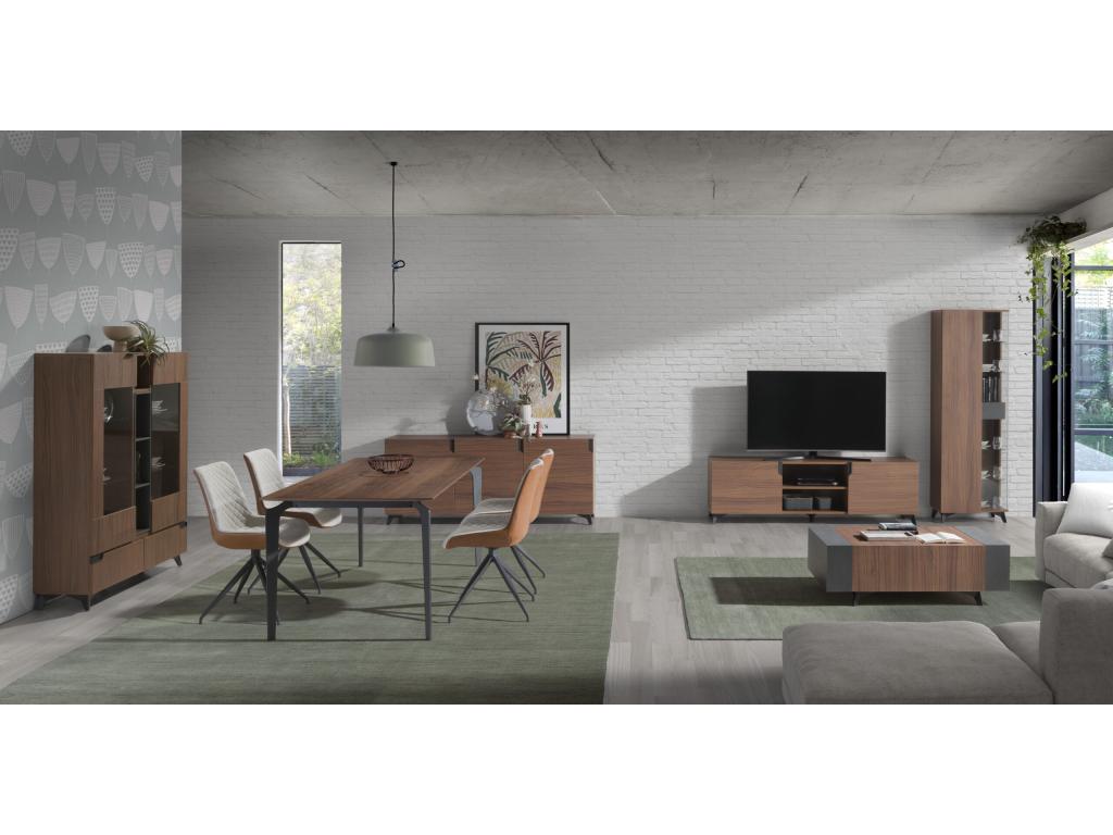 2-door display cabinet with 4 niches and 2 drawers, brown and anthracite wood finish, with black steel legs, Meublori, 120cm