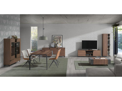 2-door display cabinet with 4 niches and 2 drawers, brown and anthracite wood finish, with black steel legs, Meublori, 120cm