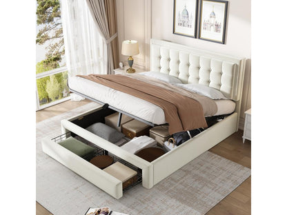 140x190 cm storage bed with 2 drawers and headboard - Velvet - Beige color XVGW62604