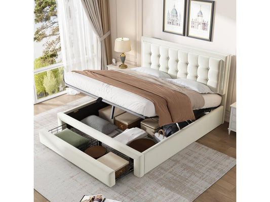 140x190 cm storage bed with 2 drawers and headboard - Velvet - Beige color XVGW62604