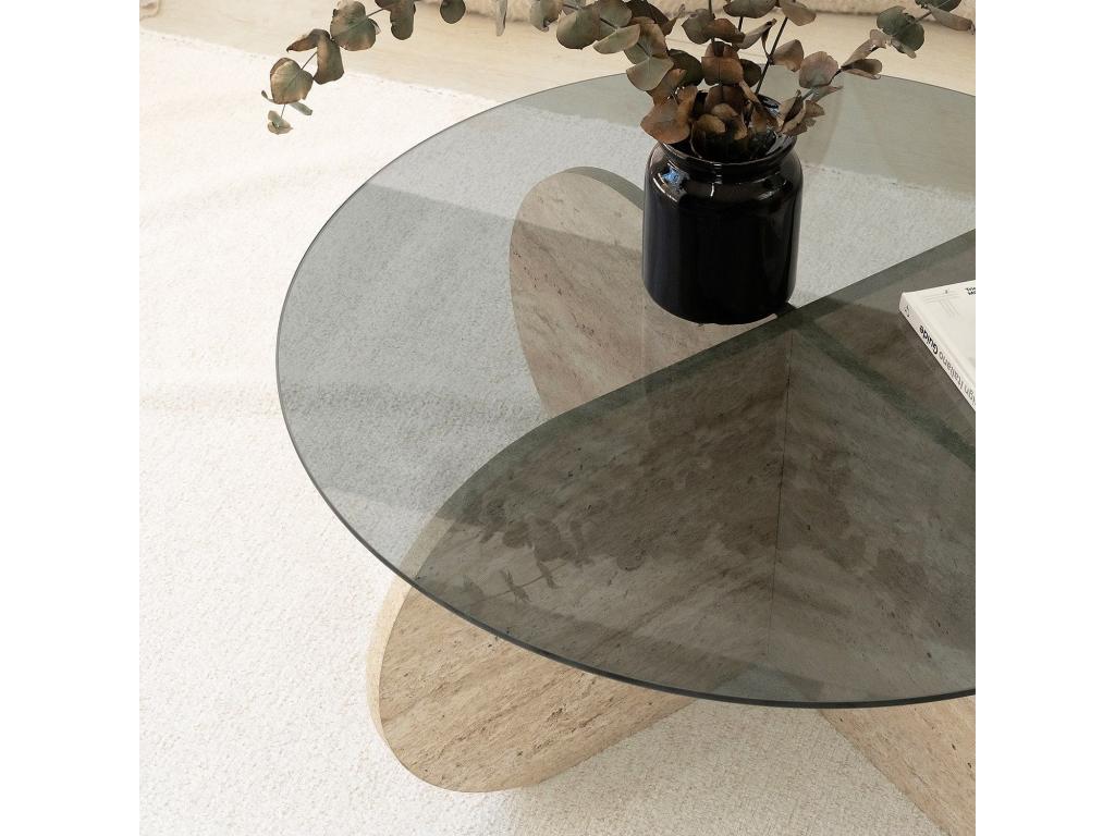 Laviecasa round designer coffee table D75cm Smoked Grey Glass and Beige Travertine Effect ZBPX98490
