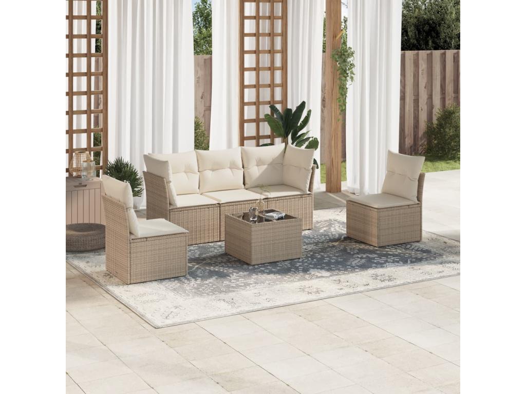 6-piece garden furniture set with cushions, beige woven resin