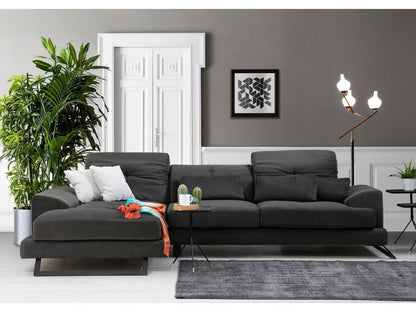 Left-hand corner sofa in anthracite velvet with adjustable headrests and black metal legs, Meublori 308cm