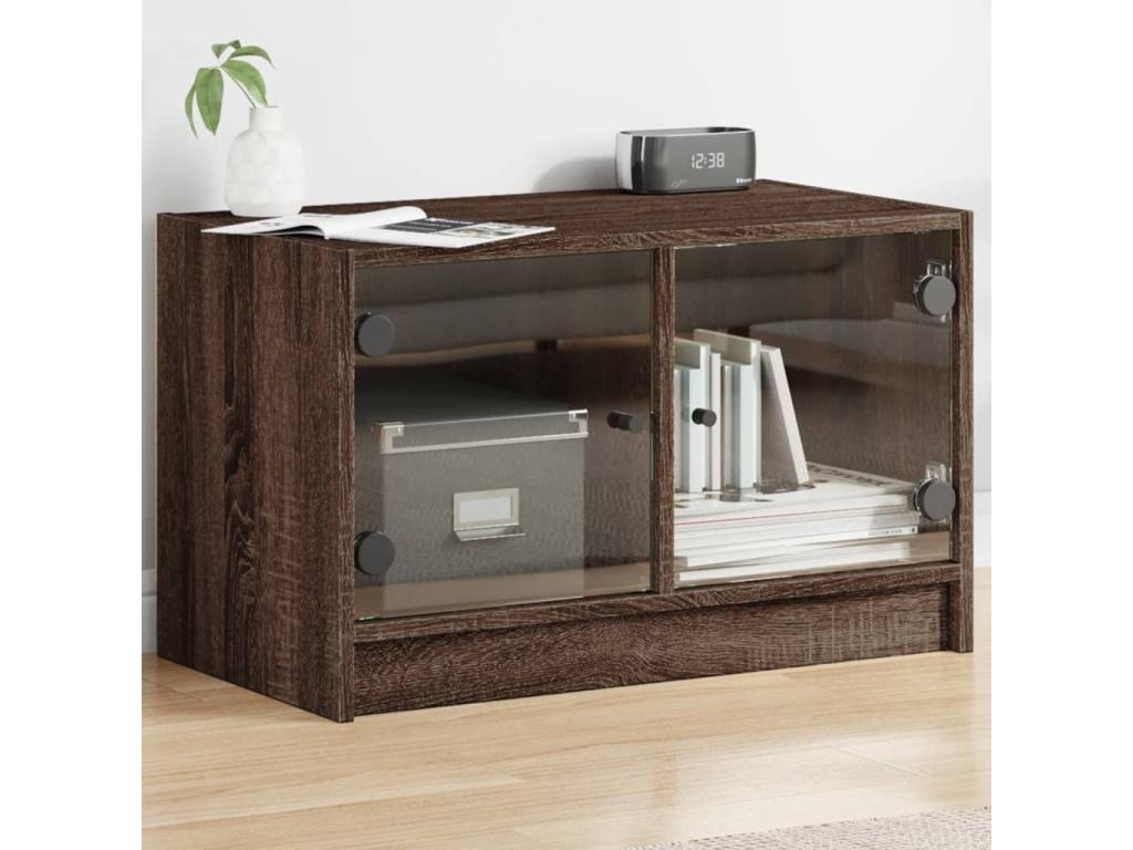 TV stand with glass doors in brown oak, 68x37x42 cm