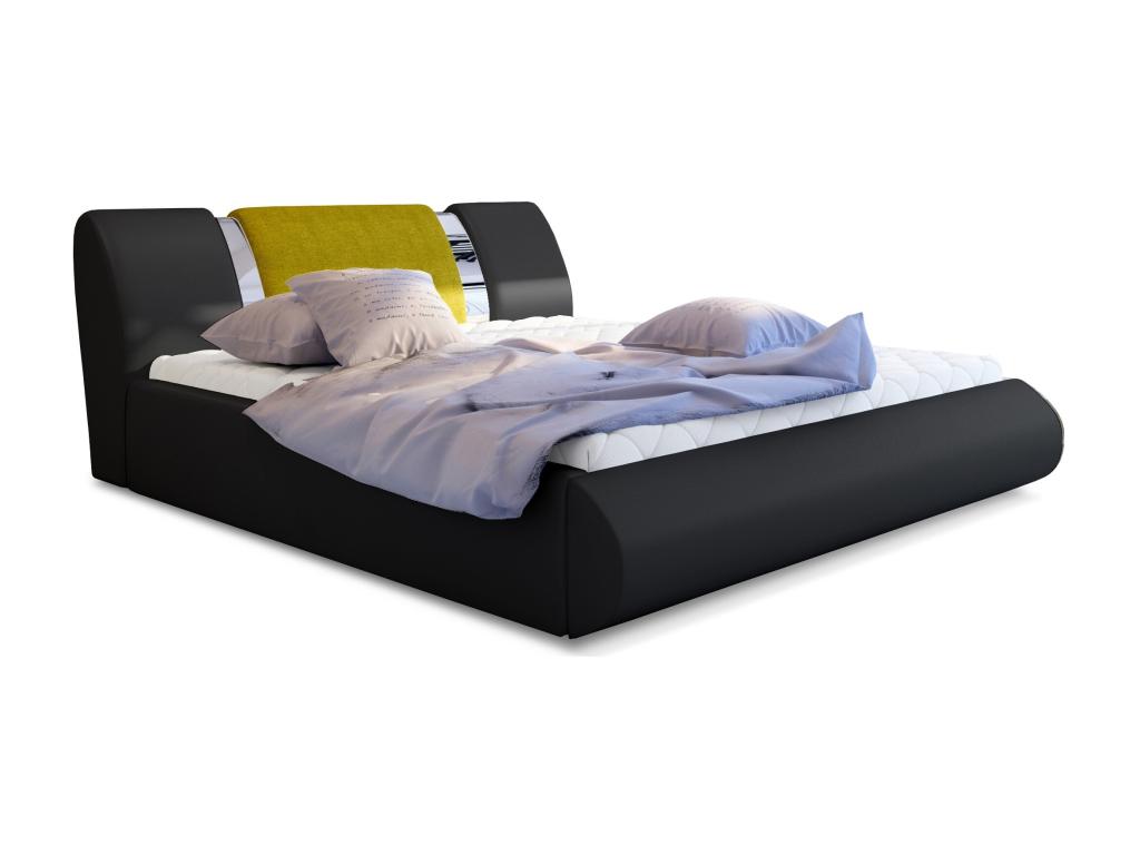 Meublori 180x200 Storage Bed in Black Faux Leather, Yellow Fabric and Chrome Metal