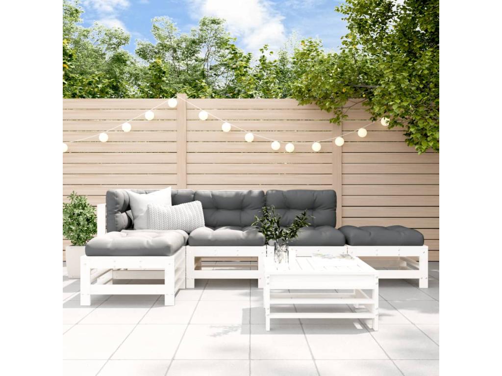 6-piece garden furniture set with cushions, white, solid wood