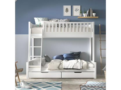 Meublori - Bunk Bed with 2 Drawers in White Lacquered Pine, Sleeping Areas 140x200cm and 90x200cm