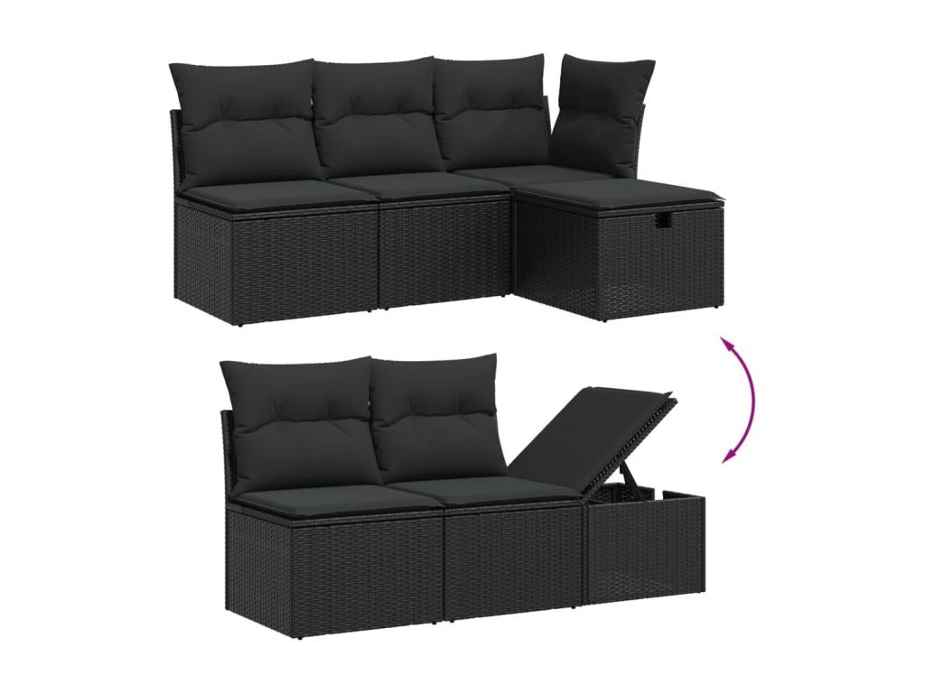 6-piece garden furniture set with cushions, black woven resin