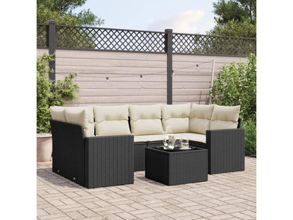 7-piece garden furniture set with cushions, black woven resin