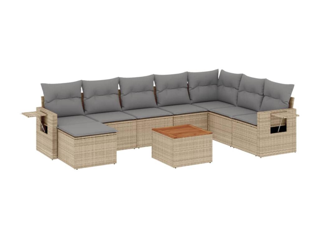 9-piece garden furniture set with cushions, beige woven resin ZYDT50004