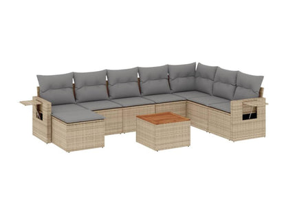 9-piece garden furniture set with cushions, beige woven resin ZYDT50004