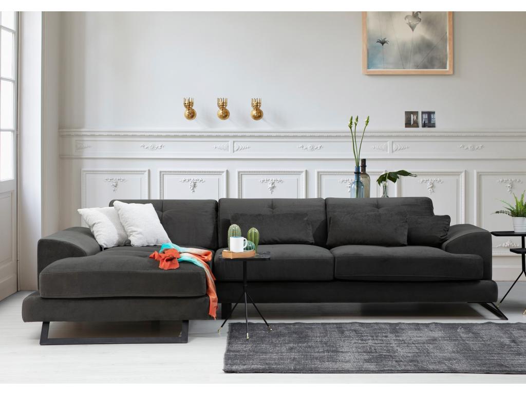 Left-hand corner sofa in anthracite velvet with adjustable headrests and black metal legs, Meublori 308cm