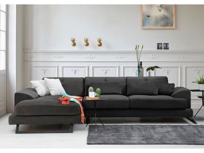 Left-hand corner sofa in anthracite velvet with adjustable headrests and black metal legs, Meublori 308cm