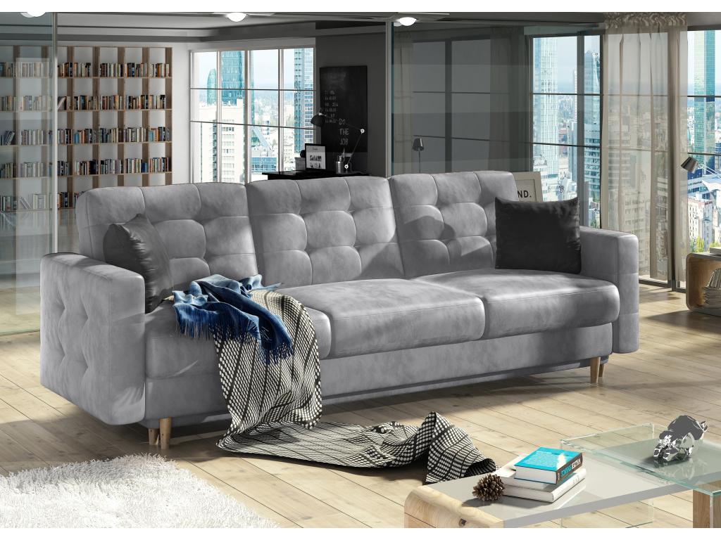 Meublori 235cm 3-seater convertible sofa in light grey quilted velvet