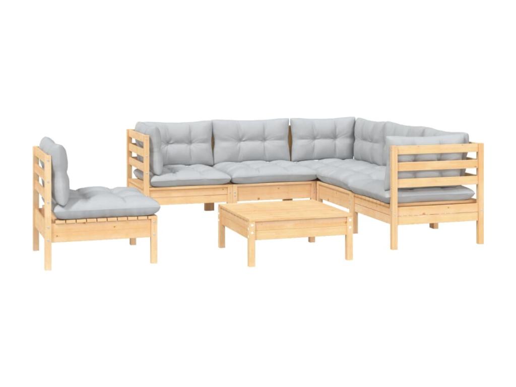 6-piece garden furniture set with grey cushions, pine wood