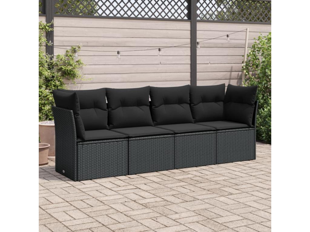 4-piece garden furniture set with cushions, black woven resin