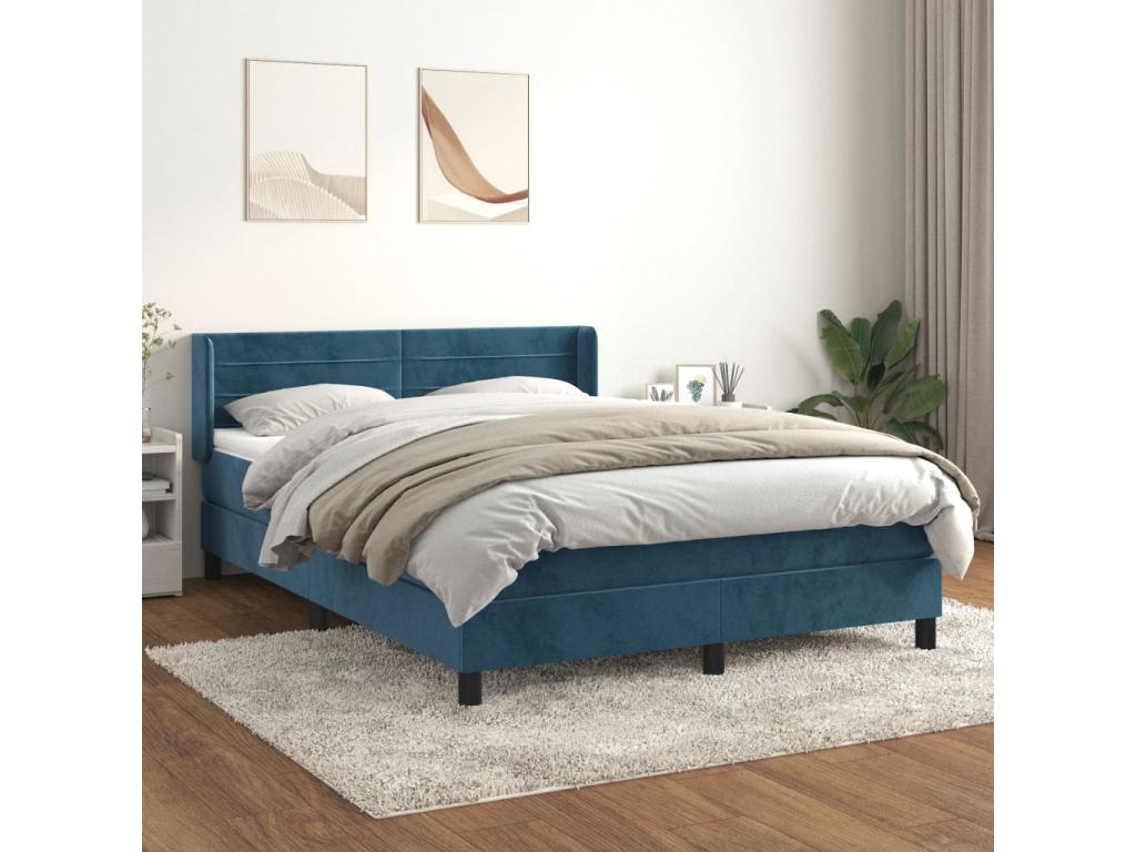 Upholstered bed base and mattress, dark blue, 140x200cm, velvet