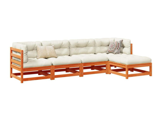 5-piece garden furniture set with cushions, brown wax finish, solid pine wood