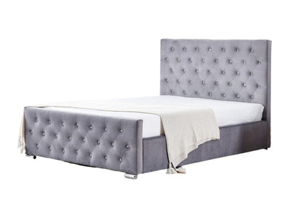 Velvet upholstered bed with inlaid sparkling buttons, Meublori - Grey - 140x190
