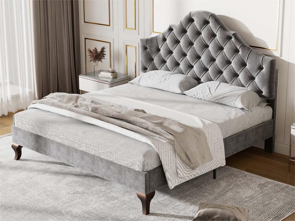 Upholstered 140x200cm velvet bed with adjustable headboard and slatted base by Meublori - Grey