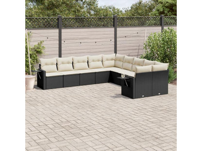 10-piece garden furniture set with cushions, black woven resin