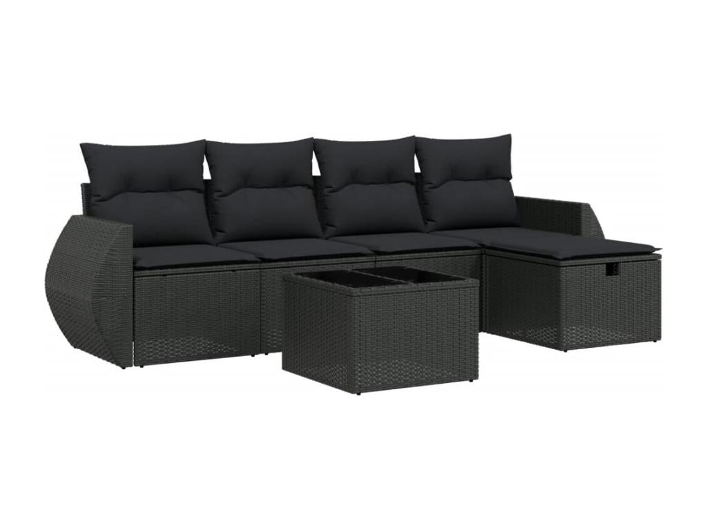6-piece garden furniture set with cushions, black woven resin