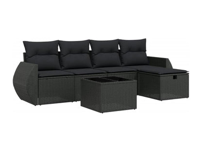 6-piece garden furniture set with cushions, black woven resin