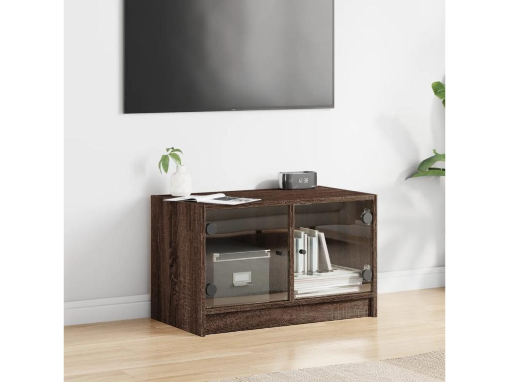 TV stand with glass doors in brown oak, 68x37x42 cm