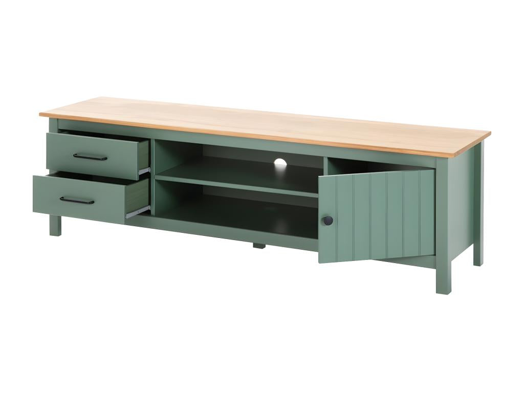 Meublori - TV Stand with 1 Door and 2 Drawers, Waxed Wood and Green