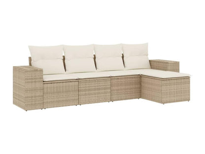 5-piece garden furniture set with cushions, beige woven resin